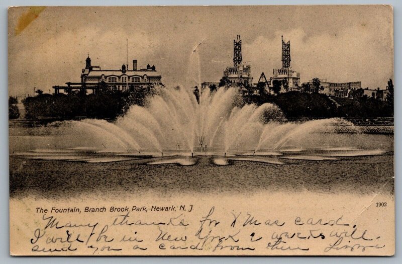 Postcard Newark New Jersey c1910 The Fountain Branch Brook Park Essex County UDB