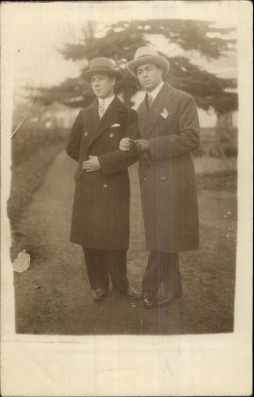 Men Overcoats Hats Ties Arm-in-Arm Gay LGBT Interest c1915 Real Photo Postcard