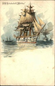 German Sailing Training Naval SMS Schulschiff MOLTKE 1890s Used Postcard