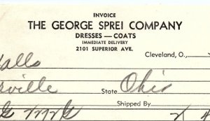 1939 THE GEORGE SPREI COMPANY CLEVELAND OH DRESSES COATS BILLHEAD INVOICE Z2724