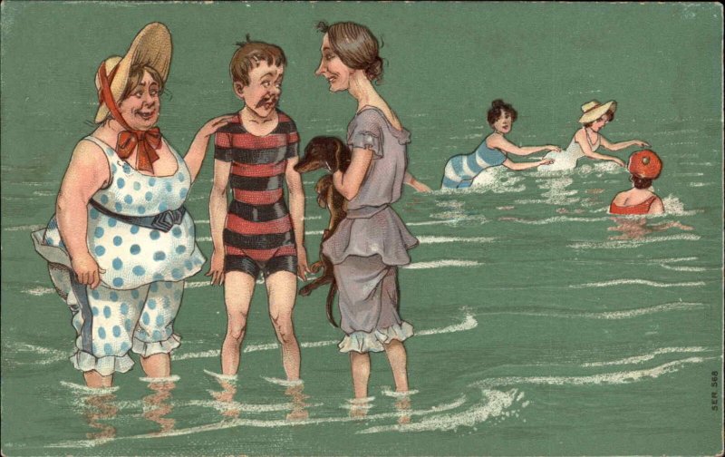 Bathing Beauty Litho Dachshund Dog Fat Woman Skinny Boy Comic c1910 PC