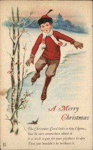 Christmas Little Boy Ice Skating Vintage Postcard