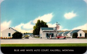 Postcard Blue and White Auto Court in Kalispell, Montana