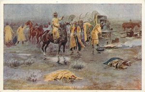 Postcard C-1910 Charles Russell Cowboy Artist Rainy Camp morning TP24-3411