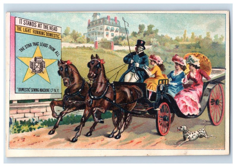 1880s Domestic Sewing Machine Horse Drawn Carriage Dalmatian Dog Ladies P104