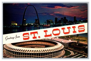 Postcard MO Greetings From St. Louis Banner Card The Gateway Arch Busch Stadium
