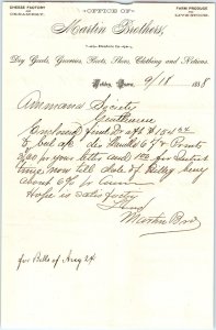 1888 Ackley, Iowa Martin Brothers Letterhead Receipt Amana Society Antique R1