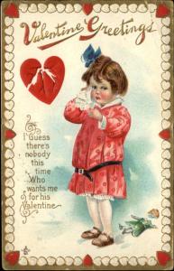 VALENTINE Girl Crying Over Broken Doll c1910 PC