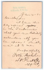 1891 Timberman Fred Aichele New York City NY Clinton IA Posted Postal Card 
