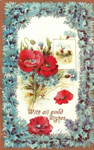 Vintage Postcard1910's With All Good Wishes Flower Bouquet Windmill Green Border