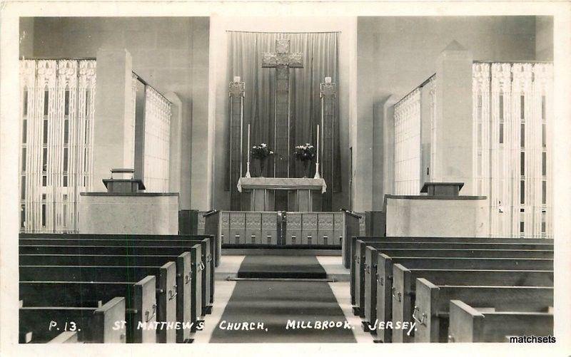 1930s St Matthews Church interior Millbrook Jersey postcard 2109