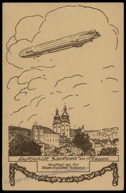 Germany Zeppelin Sachsen Airship Over Plauen Town View Postcard 73568