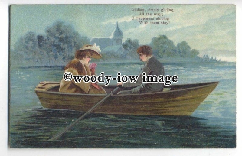 su2863 - Romantic Couple in a Rowing Boat & Verse, Artist Unknown - postcard 