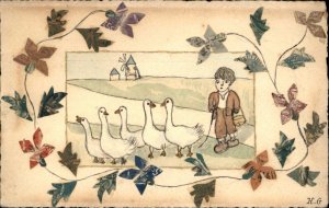 Handmade Hand Colored Postage Stamps as Leaves Boy & Ducks Postcard