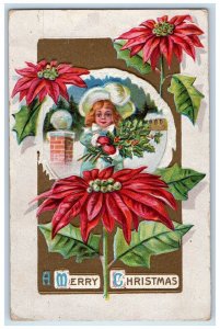 c1910's Christmas Girl Holding Berries Poinsettia Flowers Embossed Postcard