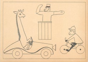 Comic caricature drawn animals giraffe driver monkeys traffic policeman humour 