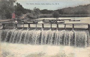 Kenoza Lake Sullivan County New York 1908 Postcard The Outlet Boats Waterfall