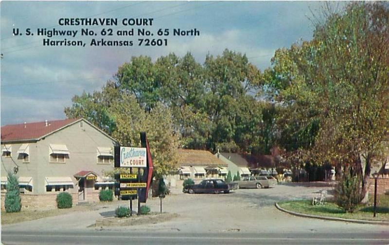 HARRISON ARKANSAS CRESTHAVEN COURT HIGHWAYS 62 & 65 POSTCARD c1960s MARVIN SMITH