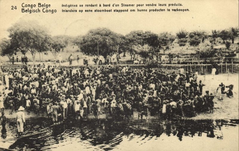 belgian congo, Natives getting on Steamer to sell Products (1920s) Postcard (24)