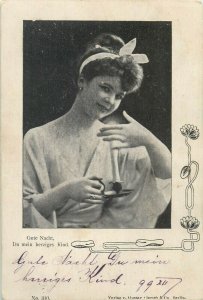 Good night dear child 1899 art nouveau Germany greetings postcard woman candle
