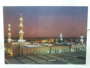 Green Dome & Prophets Holy Mosque at Dusk Mecca Saudi Arabia Vintage Postcard