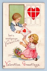 Adorable Children Exchange Valentines Greetings Through Window DB Postcard K14