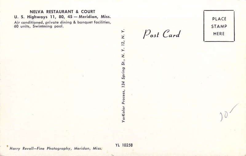 Nelva Restaurant and Court, Meridian Miss, Old Postcard