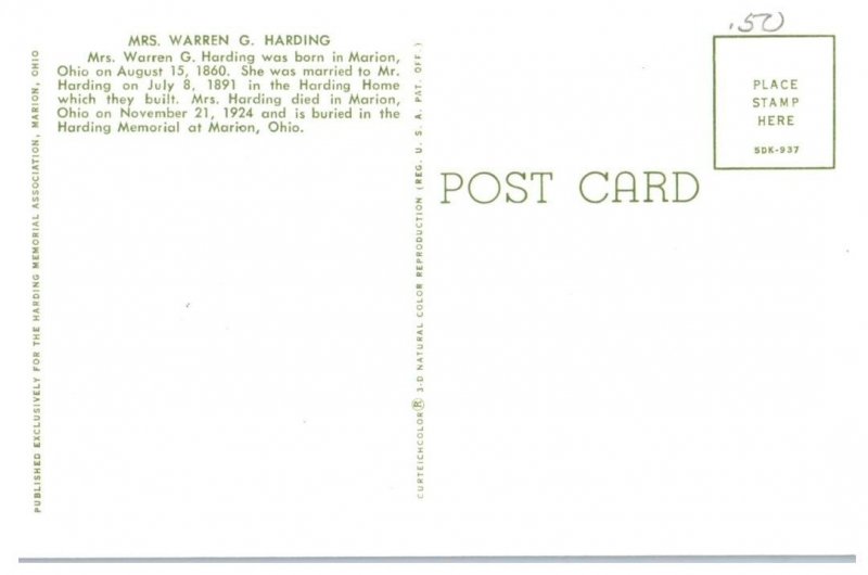 Mrs Warren G Harding Born in Marion 1860-1924 Ohio Postcard