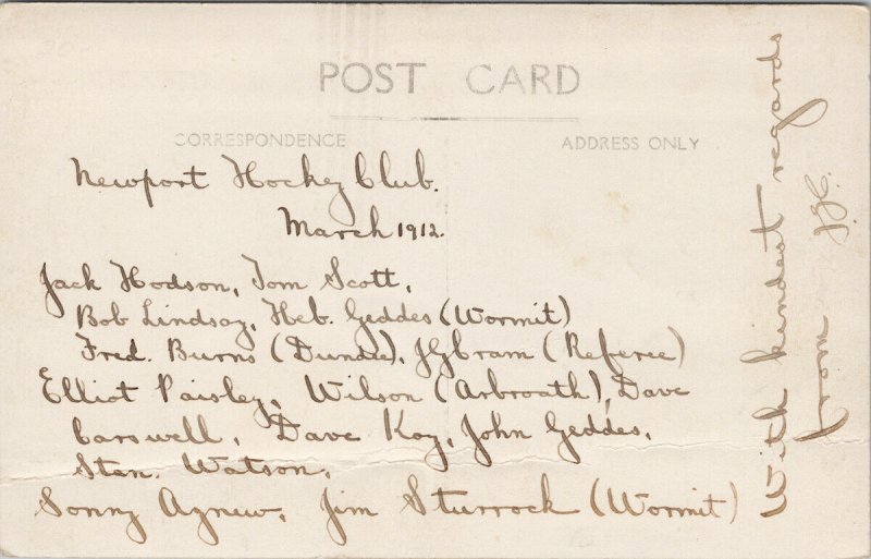 Newport Hockey Club 1912 at Windmill Park Scotland w/ names Postcard G77 *as is 