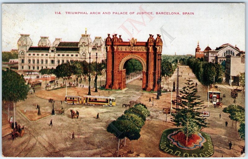 c1910s Barcelona Spain Triumphal Arch Palace of Justice Birds Eye Streetcar A184