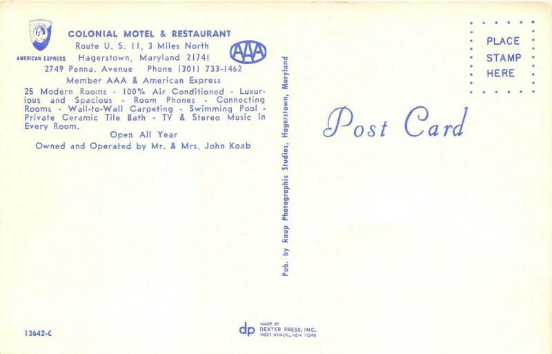 Hagerstown Maryland 1960s Postcard Colonial Motel & Restaurant