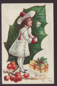 A Merry Christmas,Girl,Present,Holly Postcard 