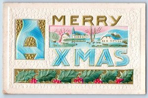 Christmas Postcard Holly Berries Church Scene Airbrushed Stillwater MN c1910's