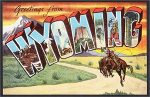 Wyoming Large Letter Linen Postcard Cowboy on Bucking Bronco c.1940s by Kropp