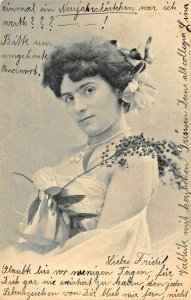 YOUNG WOMAN-PEARLS-FLOWER IN HAIR~1904 BIRSFELDEN GERMANY PSTMK PHOTO POSTCARD