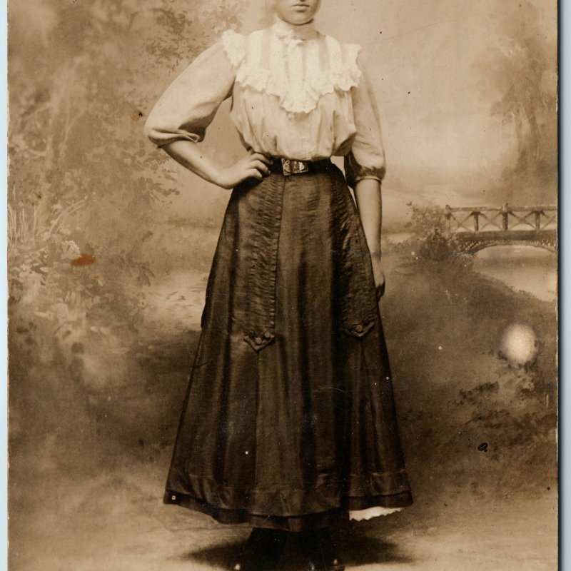 c1910s Lovely Young Lady Portrait RPPC Cute Dress Girl Thin Waist Corset A326