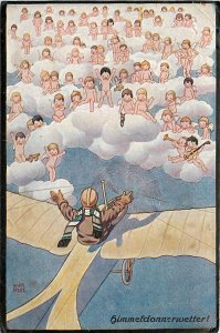 Postcard 1918 Early aircraft fantasy cloud children TP24-1070