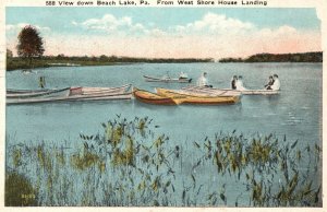 Vintage Postcard 1921 Down Beach Lake From West Shore House Landing Pennsylvania
