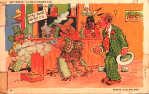 saloon postcard: Out Where the West Begins, Where Men Are Men