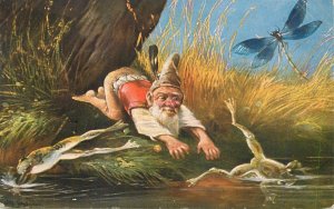 B581 Gnome dwarf dragonfly and frogs fairy-tale artist Alfred Schonian fantasy
