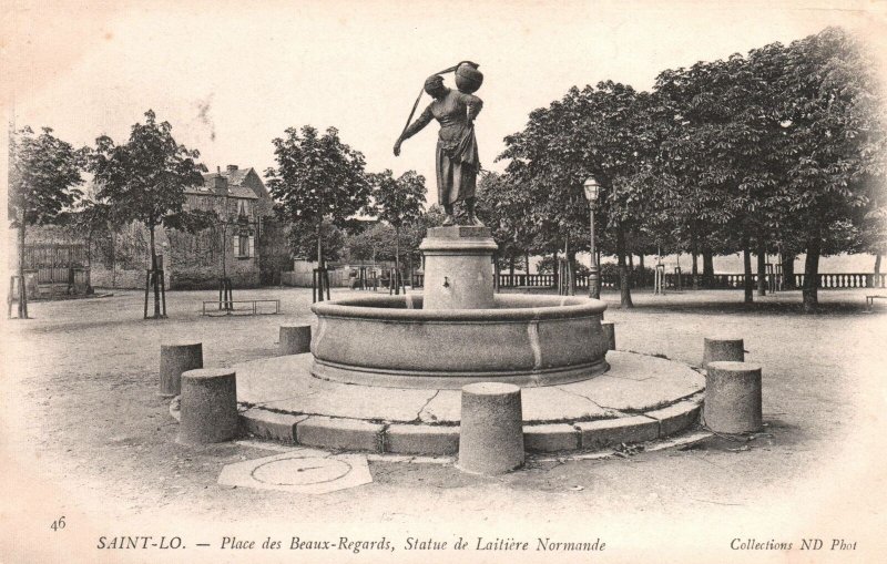 VINTAGE POSTCARD STATUE OF LAITIERE NORMANDE PALCE DE BEAUX-REGARDS SAINT LO