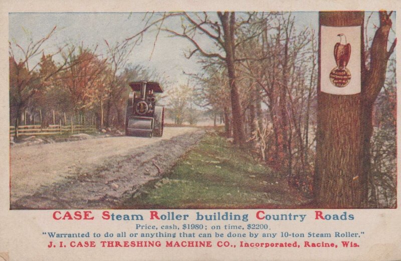 Advertising Postcard Case Steam Roller Building Country Roads Racine WI