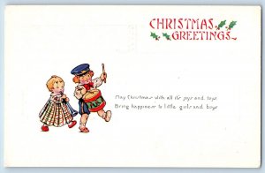Christmas Postcard Greetings Berries Children With Drummer And Trumpet Embossed