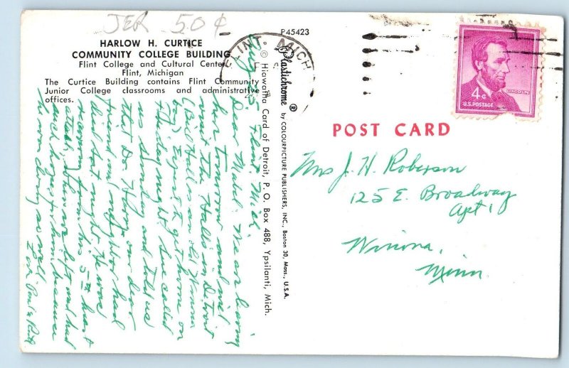 c1950's Harlow H. Curtice Community College Building Flint Michigan MI Postcard