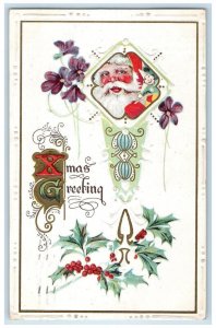 1919 Christmas Greetings Santa Claus Holly Berries Saint Paul MN Posted Postcard