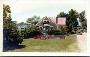 postcard 1924 - 1940s AZO RPPC Garden Restaurant or B&B with old cars - New Engl