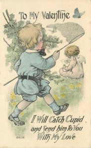 Gartner & Bender Valentine Postcard; Boy will Catch Cupid in Butterfly Net, Love