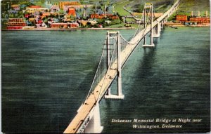 Postcard Delware Memorial Bridge at Night near Wilmington