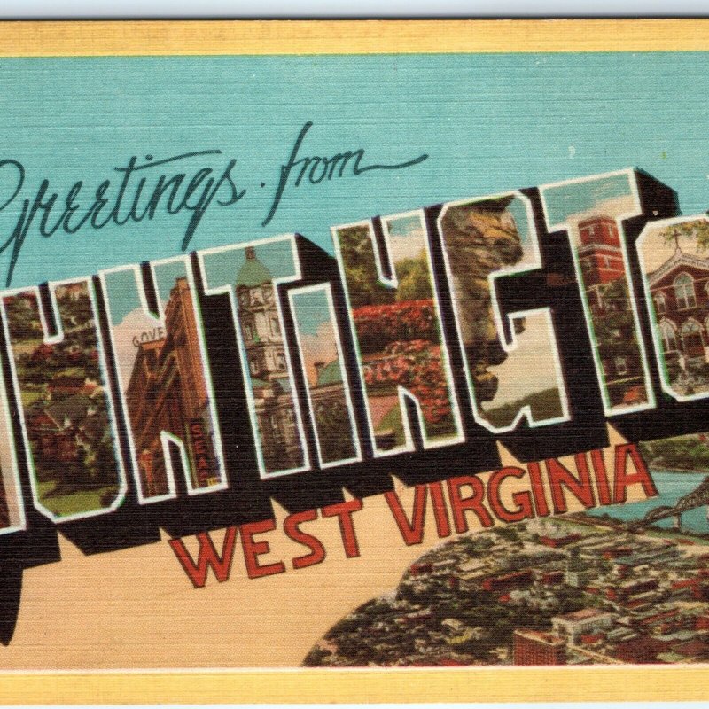 c1940s Huntington, WV Greetings Linen Postcard Dexter Colorcraft Goldsmith A114