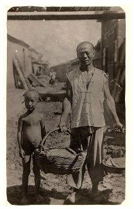 RPPC Postcard Chinese Man & Malnourished Child with Basket in Village c1918 AZO